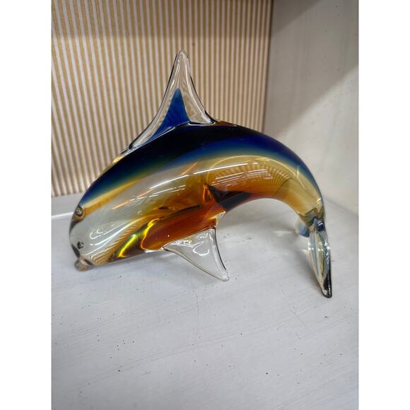 Murano Style Art Glass Dolphin Figurine in Amber and Blue, 7.25” - Picture 4 of 6